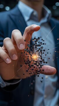 Businessman interacting with a futuristic digital data visualization representing innovation and new ideas