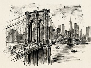 Obraz premium Ink sketch of the brooklyn bridge in new york city with city skyline and river