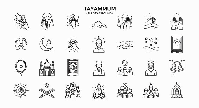 Tayamum Icons Set All Year Round Vector Illustration. Islamic Rituals and Practices for Purification and Prayer