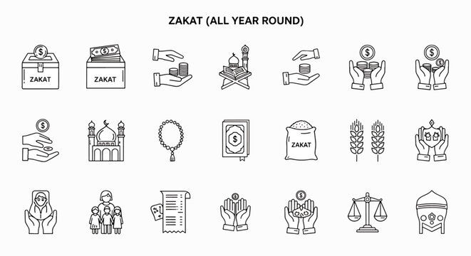 Zakat all year round vector illustration set. Islamic charity and giving money concept. Icons of mosque, money, and charity.
