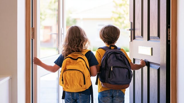Two siblings in matching school uniforms and backpacks eagerly opening the front door and peering outside, excited for their first day of school