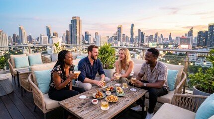 Obraz premium Rooftop Rendezvous: Four friends enjoy a delightful evening on a city rooftop, sharing drinks and appetizers against a backdrop of stunning urban skyline.
