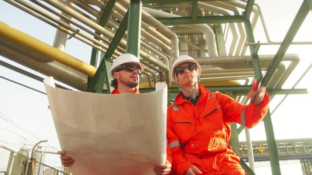 Two engineers in orange safety suits review data on a tablet while standing beneath complex industrial pipelines at energy plant site.