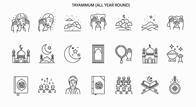 Tayamum All Year Round Islamic Rituals Vector Illustration Set for Religious Practices and Spirituality