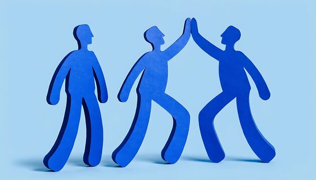 Three stylized blue paper figures, two highfiving and one standing aside