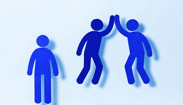 Three blue paper figures, two highfiving while one stands apart