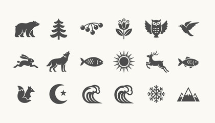 Fototapeta premium Collection of minimalist black nature and forest icons including animals trees and natural elements on a clean off-white background square.