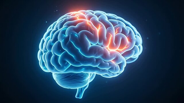 Glowing human brain neural network activity pulsing with bright orange light in digital animation video footage