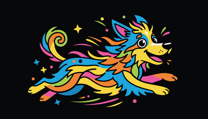 Obraz premium Vibrant and dynamic multicolored stylized dog running with decorative stars and energy lines against a solid black background illustration.