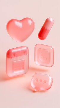 Digital therapeutics and FemTech UI design asset. Premium 3D glassmorphic icons pack including heart, capsule, and chat bubble for medical healthcare app.