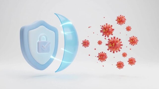 Medical protection shield with a lock icon creates a protective barrier against dangerous viral pathogens and red microbes.