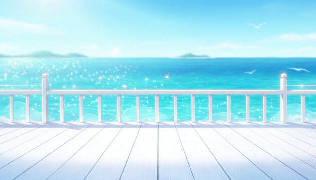 青い海を望む白いウッドデッキと手すりの風景イラスト　アニメ背景風