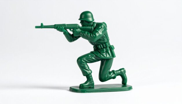 Green Plastic Toy Soldier Kneeling and Aiming Rifle on White Background