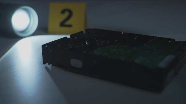 Gloved hand placing numbered evidence marker beside hard drive under flashlight beam at dark cybercrime scene with rack focus transition to marker and slow zoom in