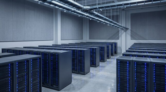 Modern data center facility with rows of server racks and blue LED indicators