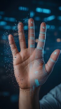 Human hand dissolving into digital pixels and data points representing technology and future transformation