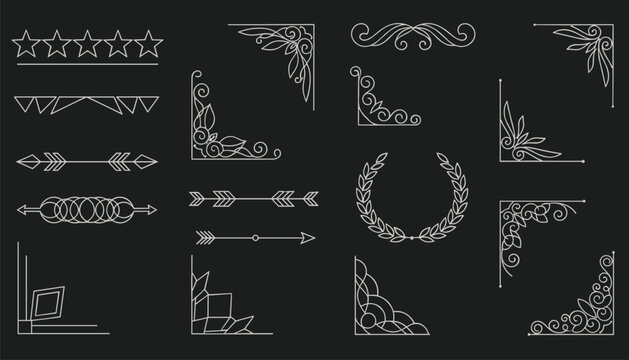 Collection of various decorative white line flourishes, corner borders, and arrow dividers set against a dark grey background.