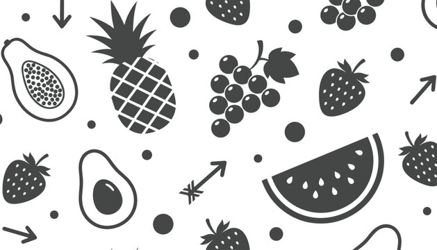 Seamless pattern design featuring various fruit silhouettes like pineapples grapes strawberries and watermelons in a black and white style.