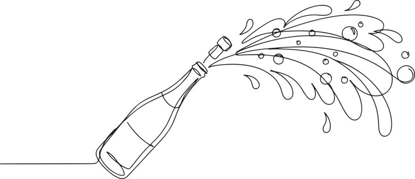 bottle of Champagne explosion one line art Editable stroke