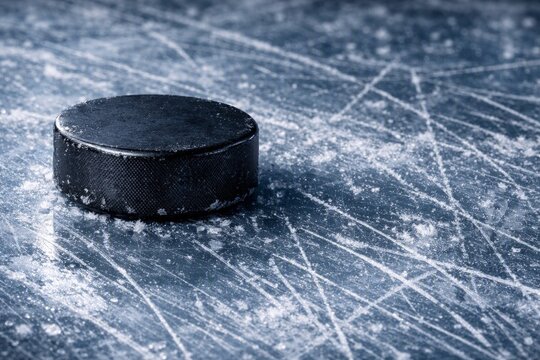 Close up black hockey puck on scratched ice surface for sports background banner and winter game poster design