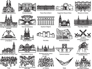 Fototapeta premium A collection of iconic Spanish landmarks and cultural symbols rendered in a clean, illustrative line art style, showcasing architectural marvels and artistic heritage.