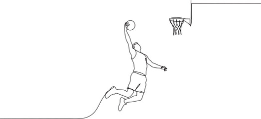 Continuous one line drawing basketball player jumps doing slam dunk one line art Editable strokeContinuous one line drawing basketball player jumps doing slam dunk one line art Editable stroke © Hasho 