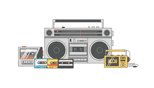 Retro collection of vintage music players including a large boombox and portable cassette tapes in a nostalgic pixel art style.