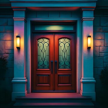 Warm Wooden Double Front Door With Decorative Glass Entryway and Illuminated Exterior Lights at Twilight