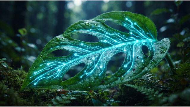 Bioluminescent leaf with glowing cyan veins in a mystical forest, futuristic nature concept, magical plant with electric light, ethereal green foliage, sci-fi organic technology