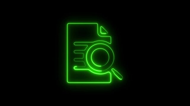 Neon green document search animation, digital data analysis and file management concept glowing