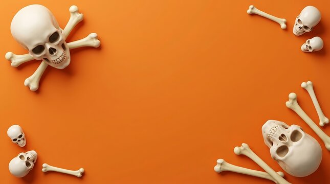Human skulls and bones forming a cross shape on an orange background with flat lay