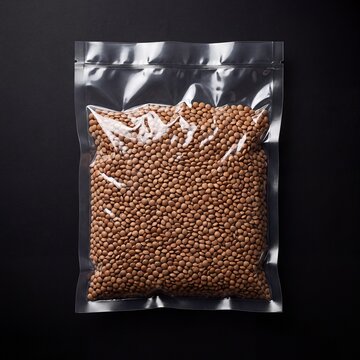 A clear plastic vacuum-sealed bag filled with small, uniform brown pellets, likely pet food kibble, sits against a stark black background, highlighting its contents and packaging.