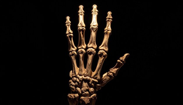 Human Skeleton Hand Bone Anatomy Detailed on Black Background