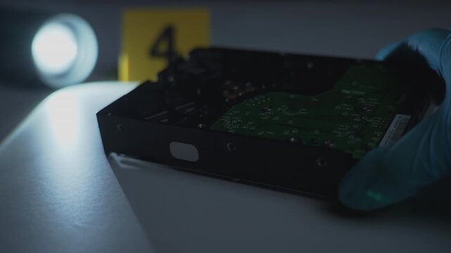 Hard drive digital evidence lifted and inspected by gloved hand under flashlight beam with numbered marker background, dark cybercrime forensic investigation close up