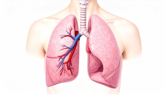 Human Lungs Anatomy Illustration showing Respiratory System and Pulmonary Vessels