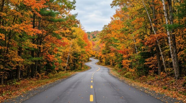 Winding road through vibrant autumn forest with colorful trees under overcast sky.