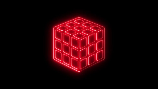 Glowing red neon cube abstract 3 d animation, futuristic digital technology background, geometric shape motion