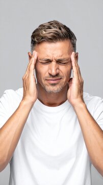 Man with Severe Headache Touching Temples Migraine Pain Stress