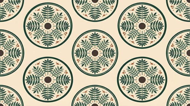 Vintage seamless pattern with circular botanical illustrations and a faded beige background