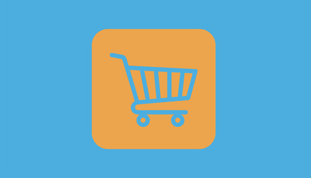 Minimalist shopping cart icon in light blue set against a rounded orange square on a bright blue background for e-commerce design.