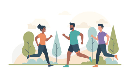 Fototapeta premium Group of three diverse friends jogging through a sunny park with lush green trees and a scenic mountain background for fitness.