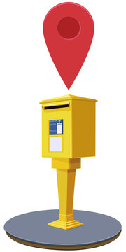 Yellow post box on pedestal with red location map pin representing mail drop off location, postal dispatch point, public communication, and courier services (cut out)