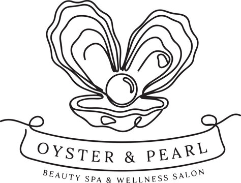 Continuous one line drawing of open oyster shell with pearl. Seashell symbol and banner of beauty spa and wellness salon in simple linear style one line art Editable stroke