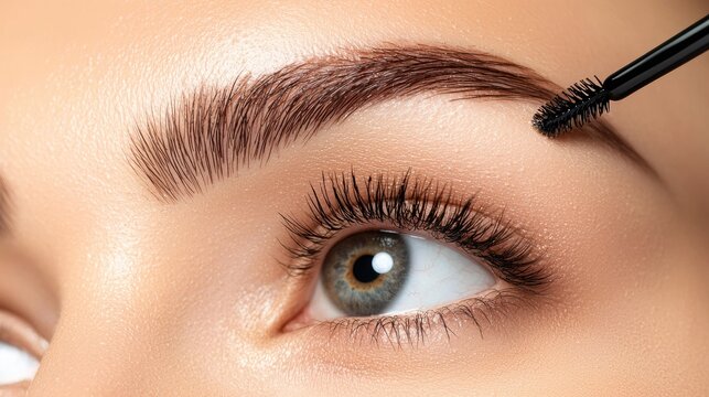 Close up view shows cosmetic application to shape and groom an eyebrow above a human eye