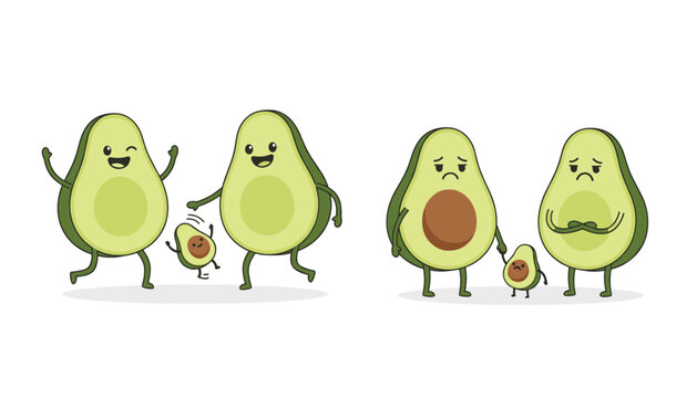 Comparison of avocado characters depicts a happy family dancing and a sad family standing together on a neutral field.
