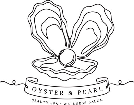 Continuous one line drawing of open oyster shell with pearl. Seashell symbol and banner of beauty spa and wellness salon in simple linear style one line art Editable stroke