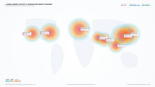 Global Market Activity and Liquidity Heatmap with Thermal Pulsing Hubs on White World Map 4K
