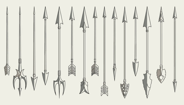 Large set of various hand drawn arrow and spearhead designs ranging from primitive to ornate decorative styles.