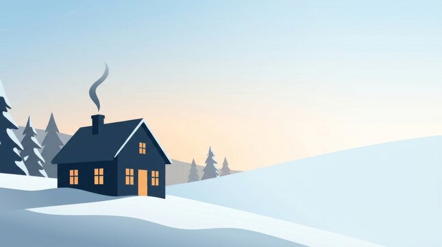 Cozy cabin in a snowy winter landscape vector illustration.