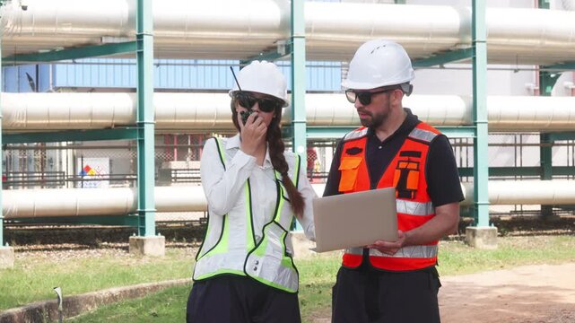 Three engineers in safety gear review data on a laptop while inspecting large storage tanks at an industrial plant site.